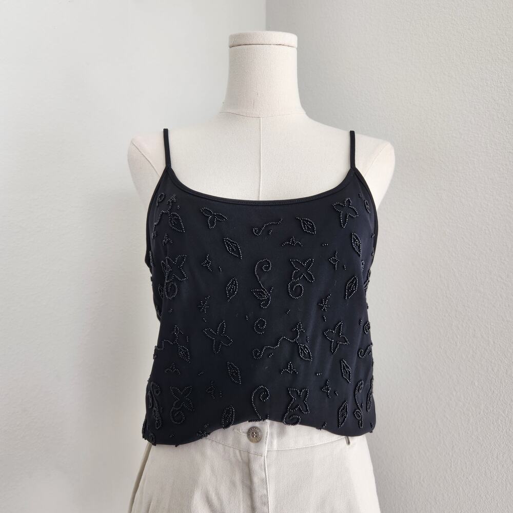 Vintage 90s Ann Taylor Black Beaded Floral Embroider Spaghetti Strap Cami Top S - Picture 2 of 9